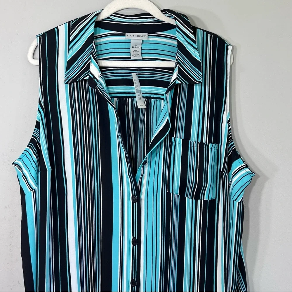 Catherines plus size 2x xxl 22 24 striped green teal black chiffon tunic button